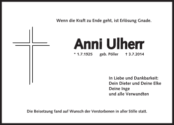 Traueranzeige von Anni Ulherr von Pegnitz-Zeitung